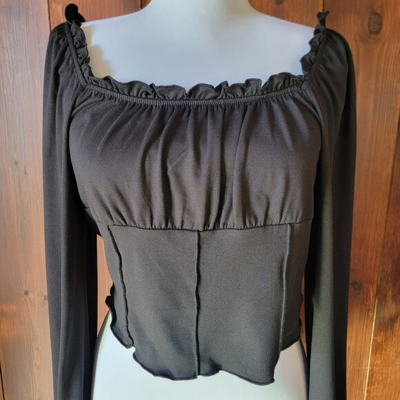 Black Off-Shoulder Crop Top Women L Ruffle Neck Balloon Sleeve Y2K 90s Vintage - Picture 4 of 13